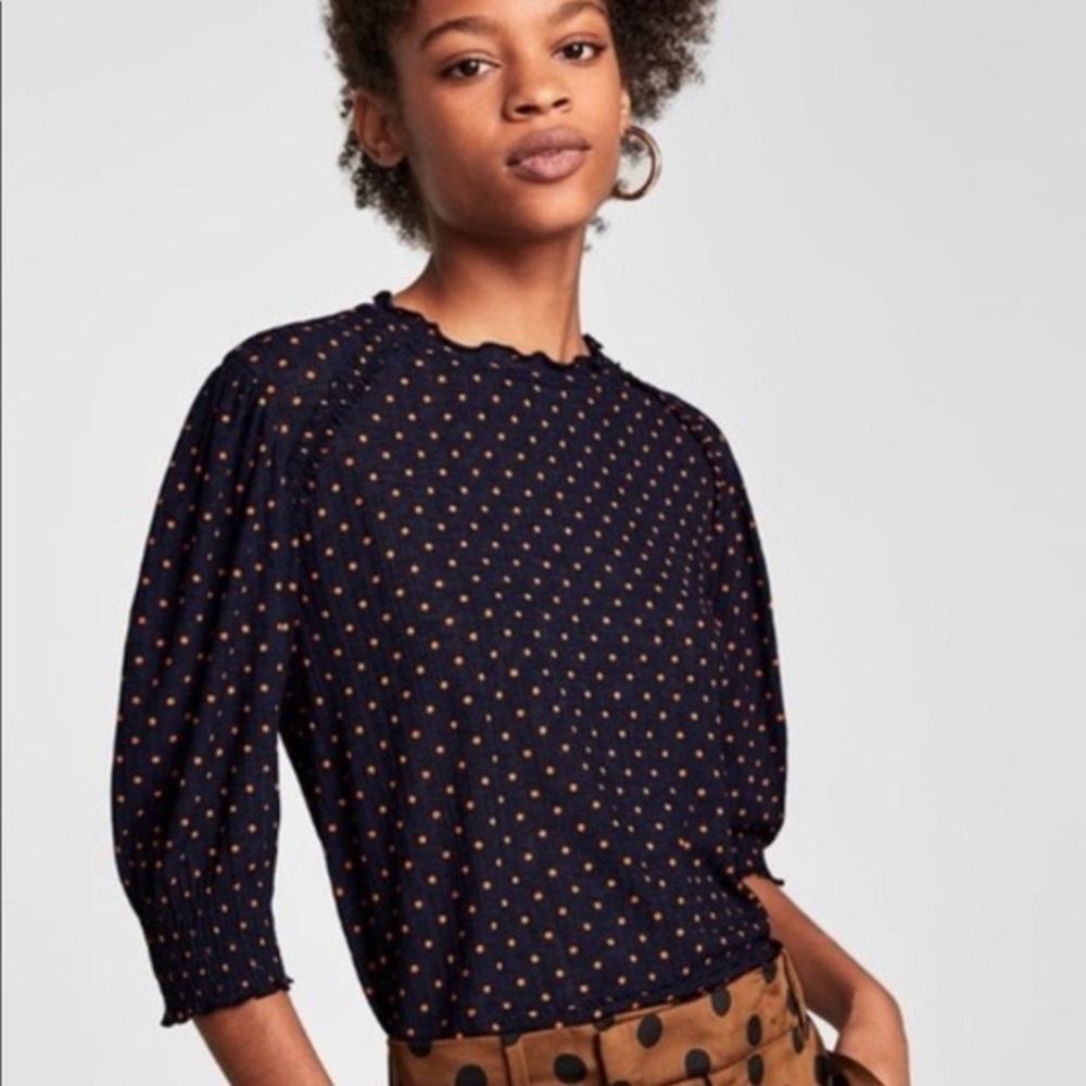 Zara Blue & Orange Polka Dot Smocked Sleeve Top Preppy Office